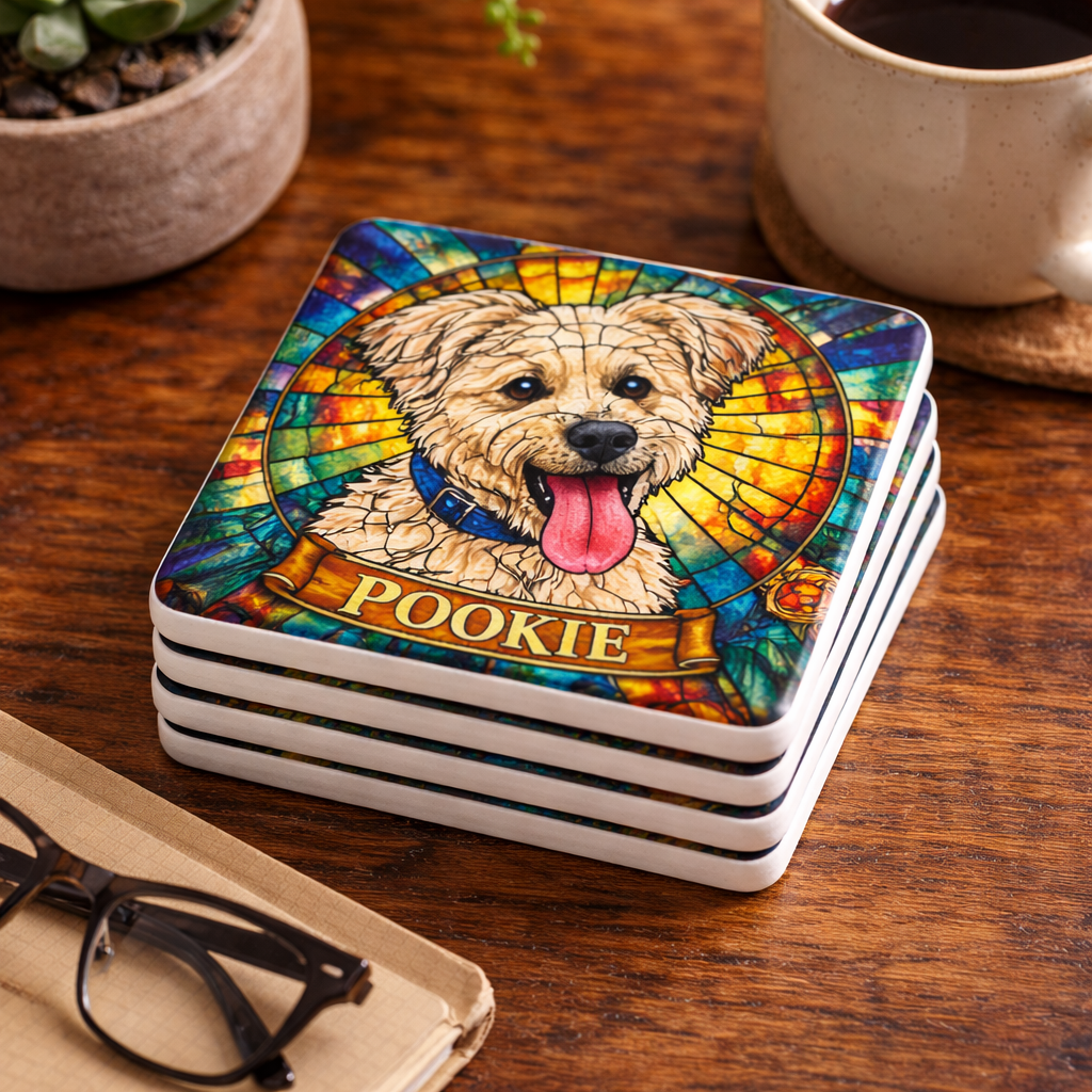 Set of colorful coasters with a dog illustration and 'POOKIE' text on a wooden surface with a cup and glasses.