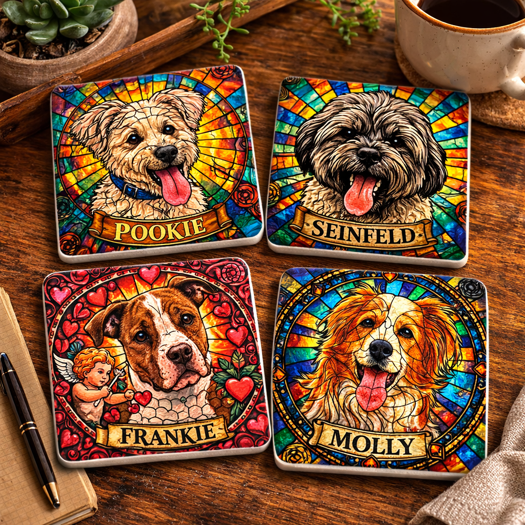Four colorful dog coasters with names on a wooden surface.