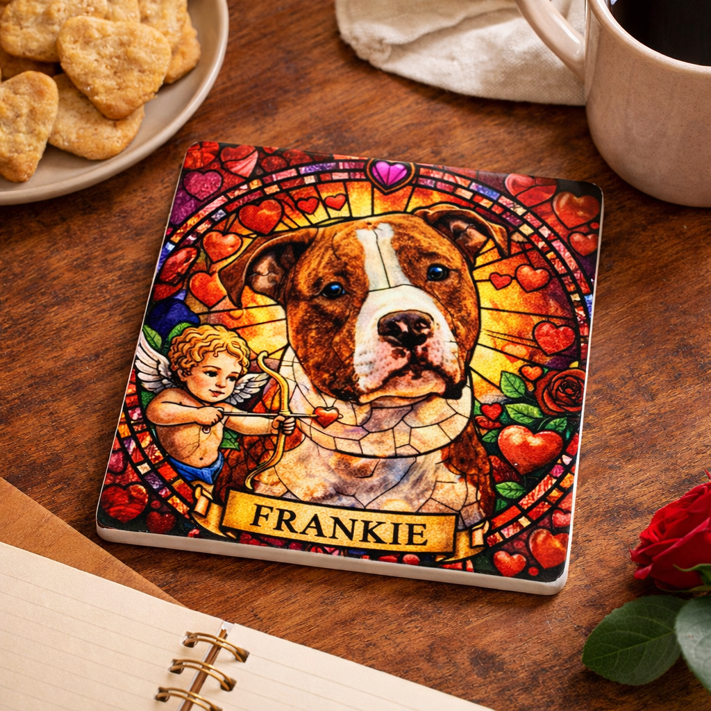 Notebook with a stained glass-style design of a dog named Frankie on a wooden table with cookies and coffee.