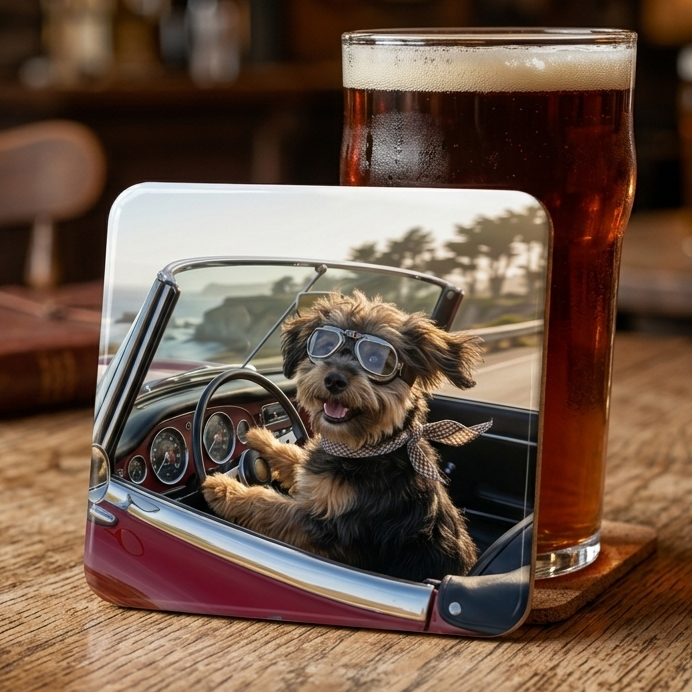Coaster with a dog driving a car design next to a glass of beer on a wooden surface.