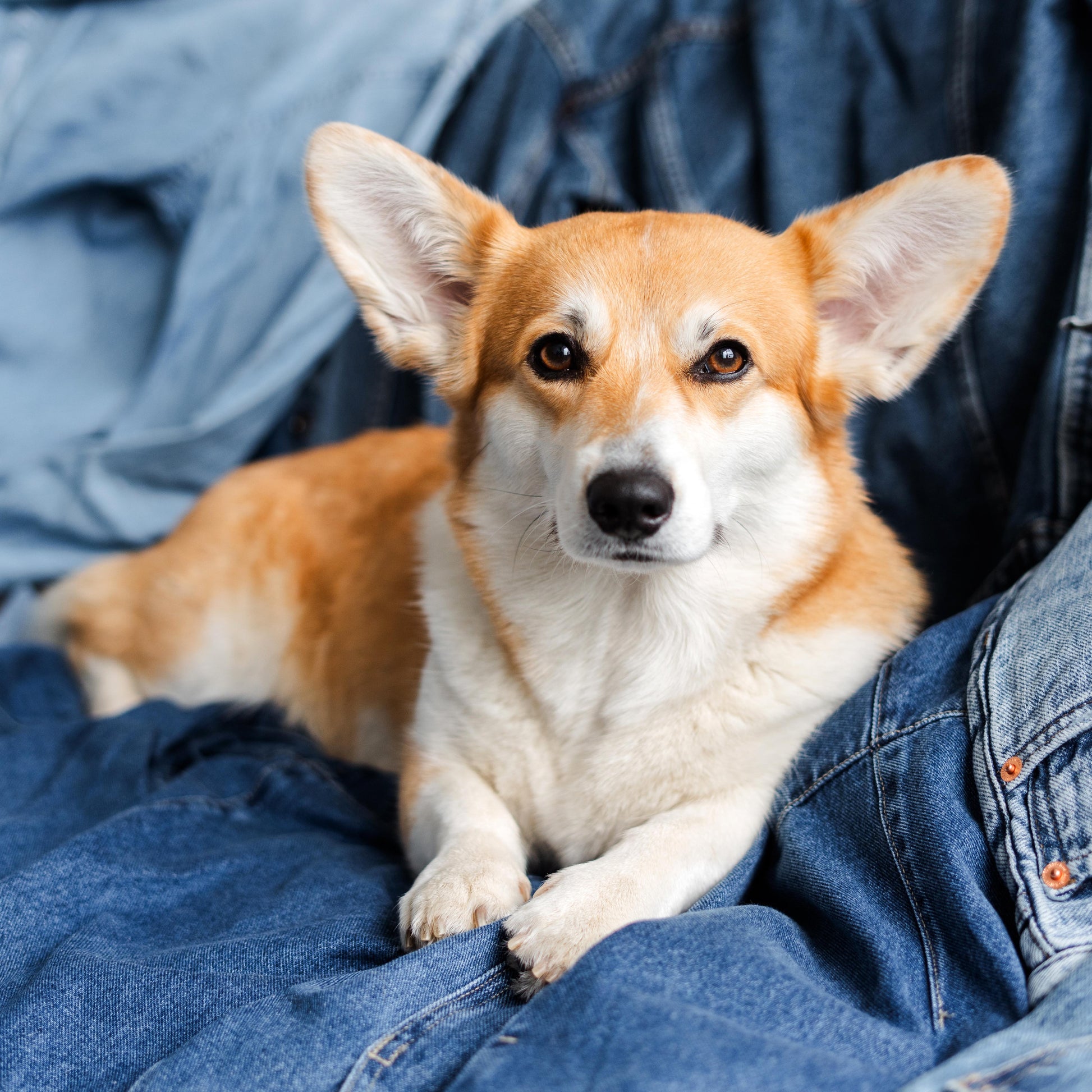 Corgi dog sitting on a person's lap wearing blue jeans