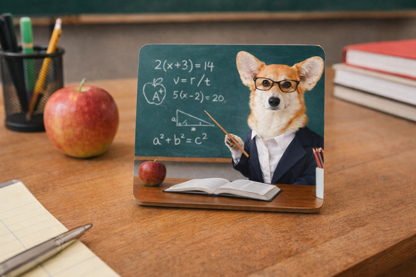 Dog in a suit with educational content on a stand, placed on a desk with books and an apple.