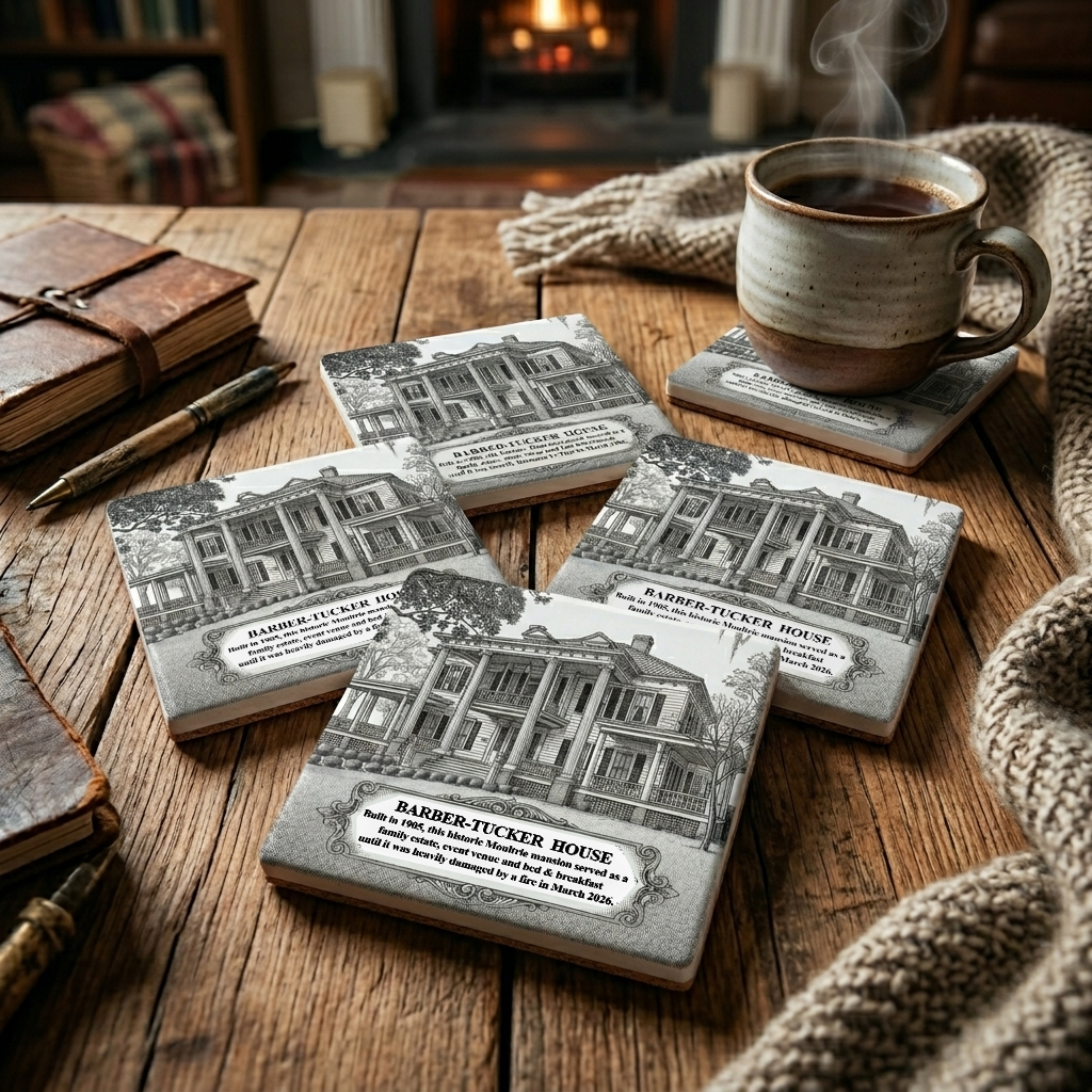 Set of four fanned-out white ceramic coasters featuring a vintage pen-and-ink engraving of the historic Barber-Tucker House in Moultrie, Georgia, sitting on a rustic wooden table next to a steaming coffee mug.