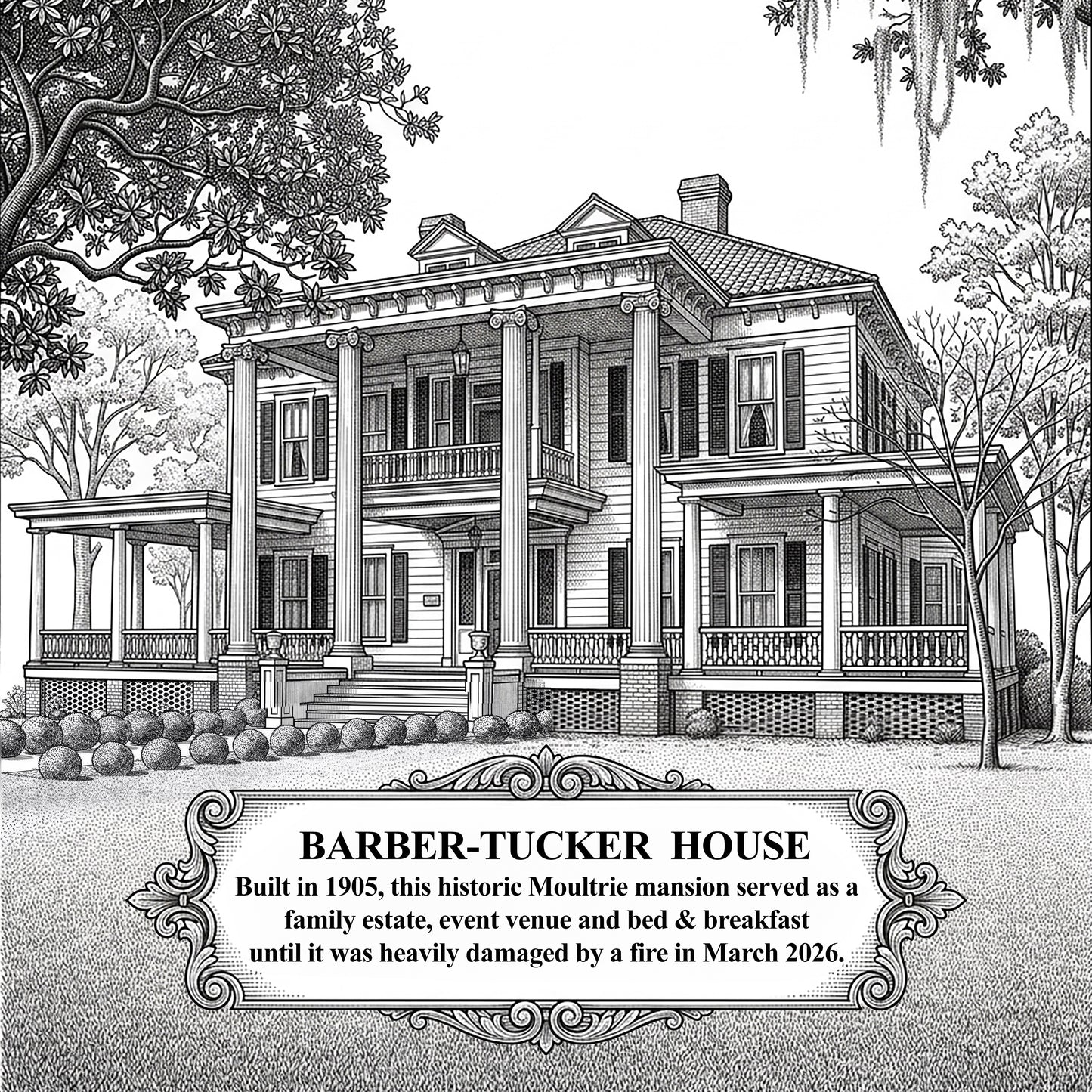 Black and white vintage style artwork of the historic Barber-Tucker House in Moultrie, GA. Features the mansion's columns, wrap-around porch, and an ornate banner detailing its local history.