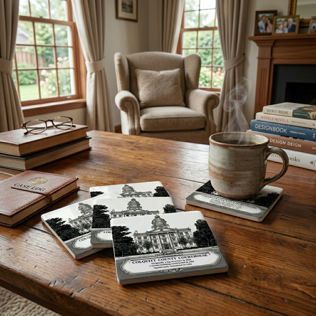 A fanned-out set of four ceramic coasters with vintage pen-and-ink engravings of the historic Colquitt County Courthouse in Moultrie, GA. Displayed on a rustic wooden coffee table next to a steaming mug of coffee in a cozy home setting.
