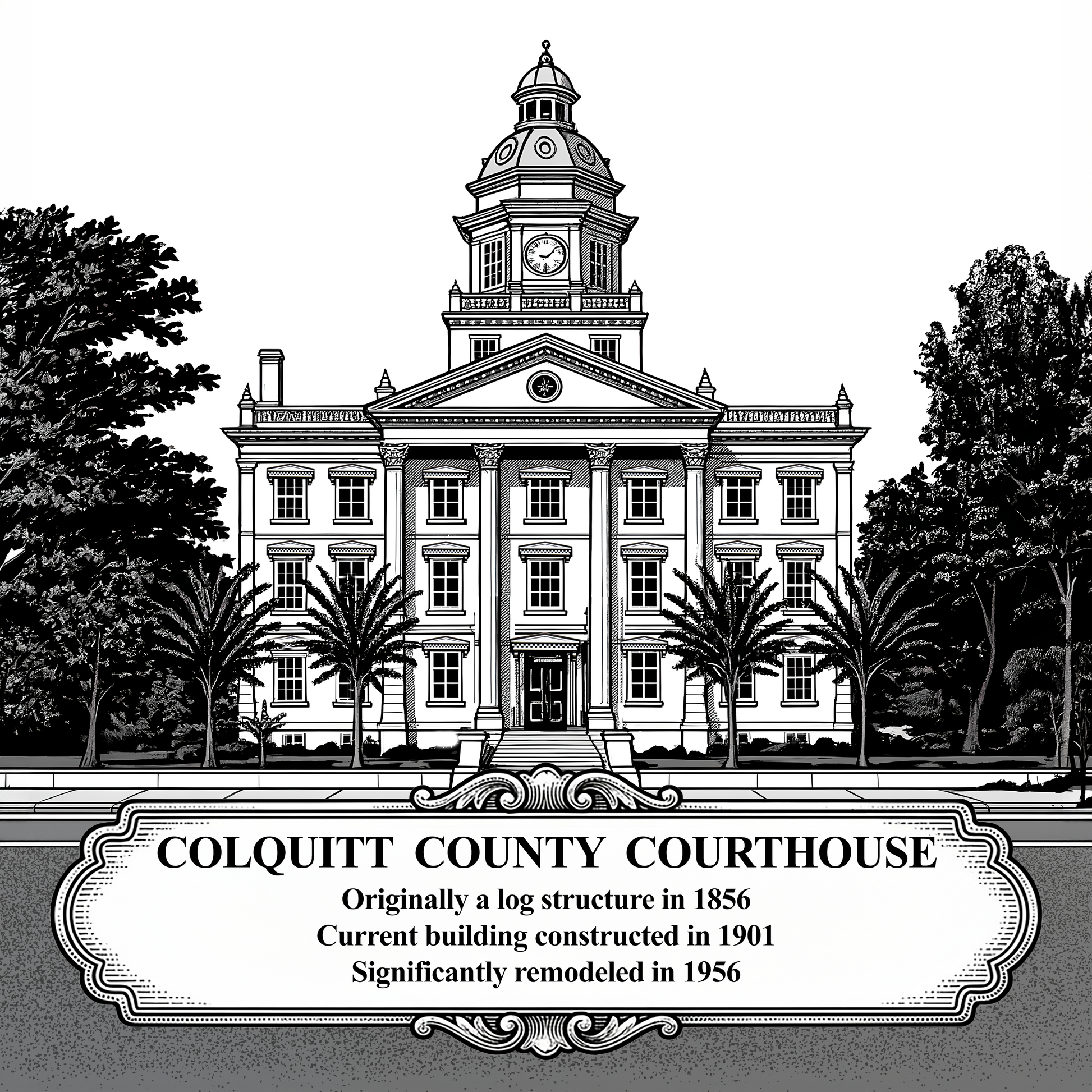 Black and white vintage style artwork of the Colquitt County Courthouse in Moultrie, GA. Features the detailed clock tower, neoclassic columns, and an ornate historical banner, designed for laser engraving.