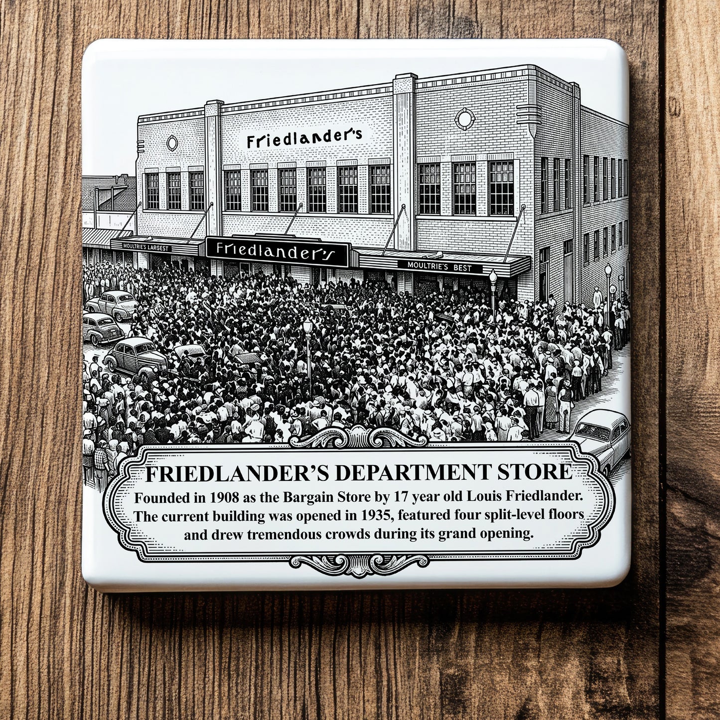 White ceramic coaster with a vintage pen-and-ink engraving of Friedlander's Department Store in Moultrie, Georgia. Depicts the 1935 grand opening crowd, classic cars, and historical timeline banner, shown flat on a rustic wood background.