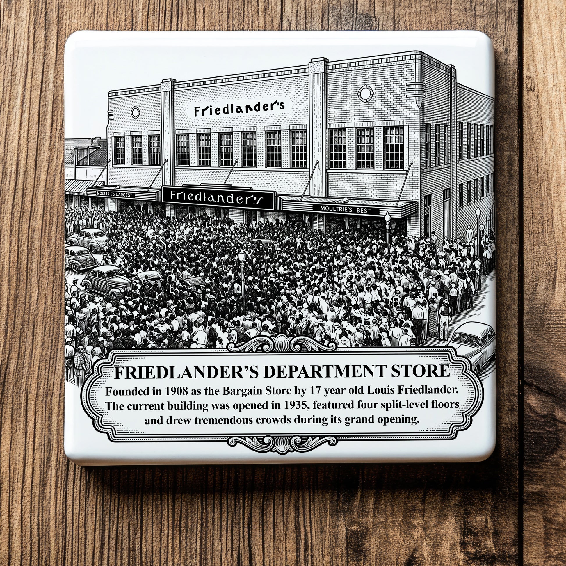 White ceramic coaster with a vintage pen-and-ink engraving of Friedlander's Department Store in Moultrie, Georgia. Depicts the 1935 grand opening crowd, classic cars, and historical timeline banner, shown flat on a rustic wood background.
