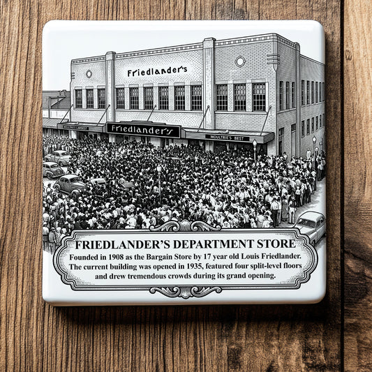 White ceramic coaster with a vintage pen-and-ink engraving of Friedlander's Department Store in Moultrie, Georgia. Depicts the 1935 grand opening crowd, classic cars, and historical timeline banner, shown flat on a rustic wood background.