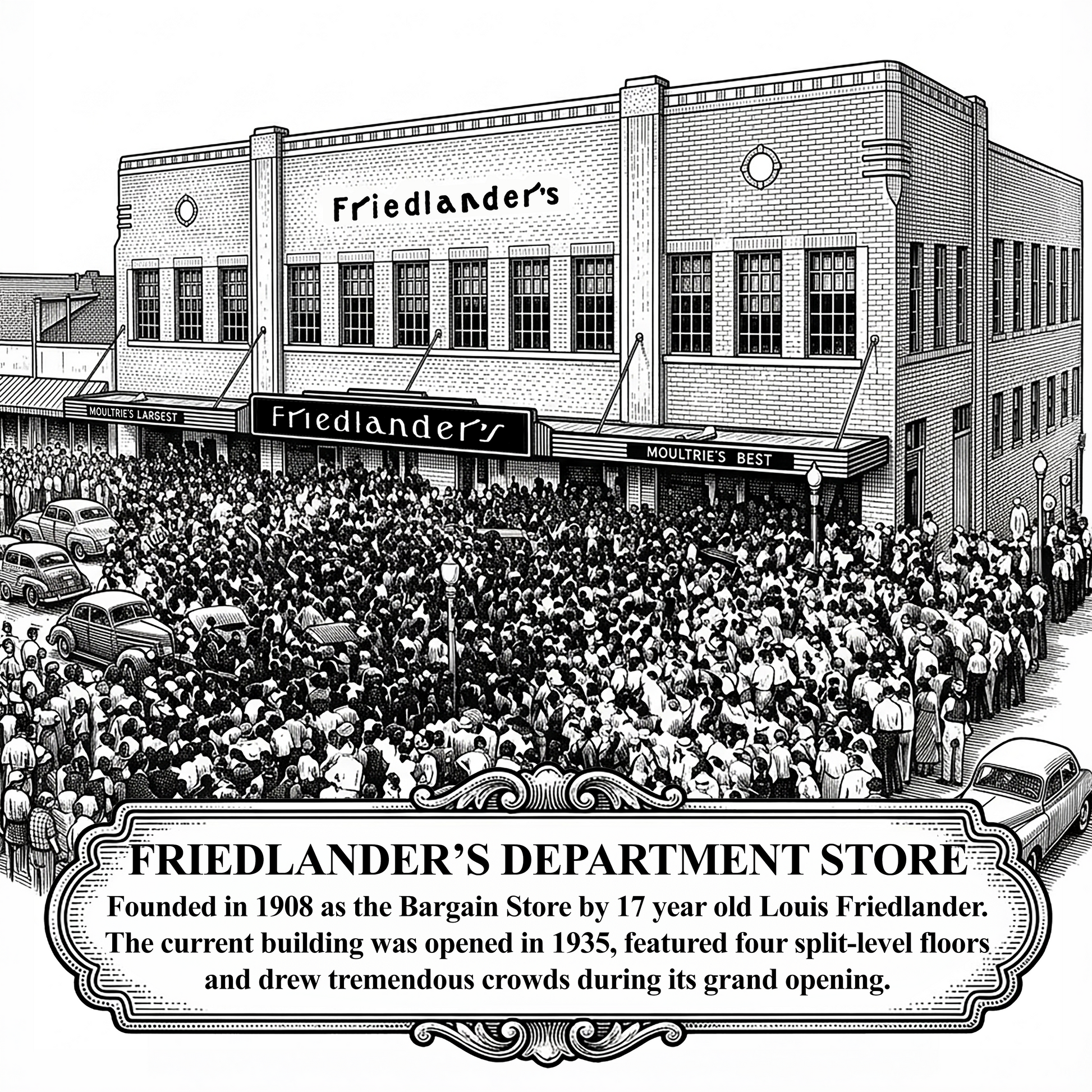 Black and white vintage style engraving of Friedlander's Department Store in Moultrie, GA. Features a massive grand opening crowd, classic cars, detailed brick architecture, and an ornate historical banner, designed for laser engraving.