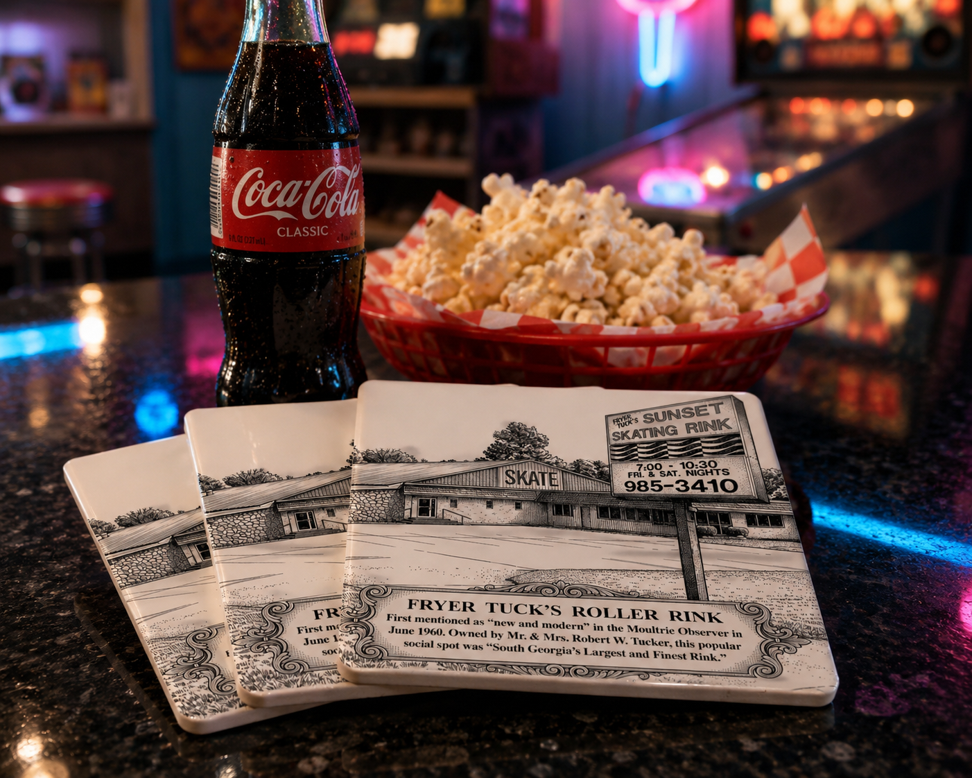 Set of three Fryer Tuck's Roller Rink commemorative ceramic coasters displayed on a glossy countertop beside a classic Coca-Cola bottle and basket of popcorn in a retro game room with colorful neon lighting.