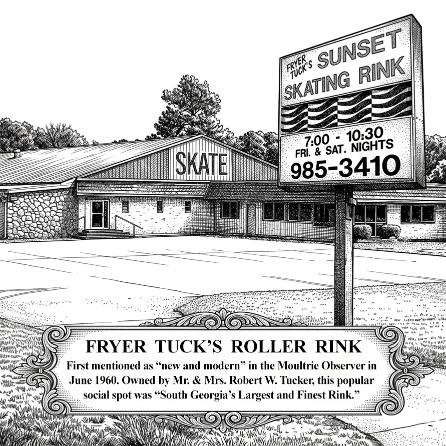 Detailed black-and-white illustration of Fryer Tuck's Roller Rink in Moultrie, Georgia, featuring the iconic Sunset Skating Rink sign and a historical description of the popular South Georgia skating venue.