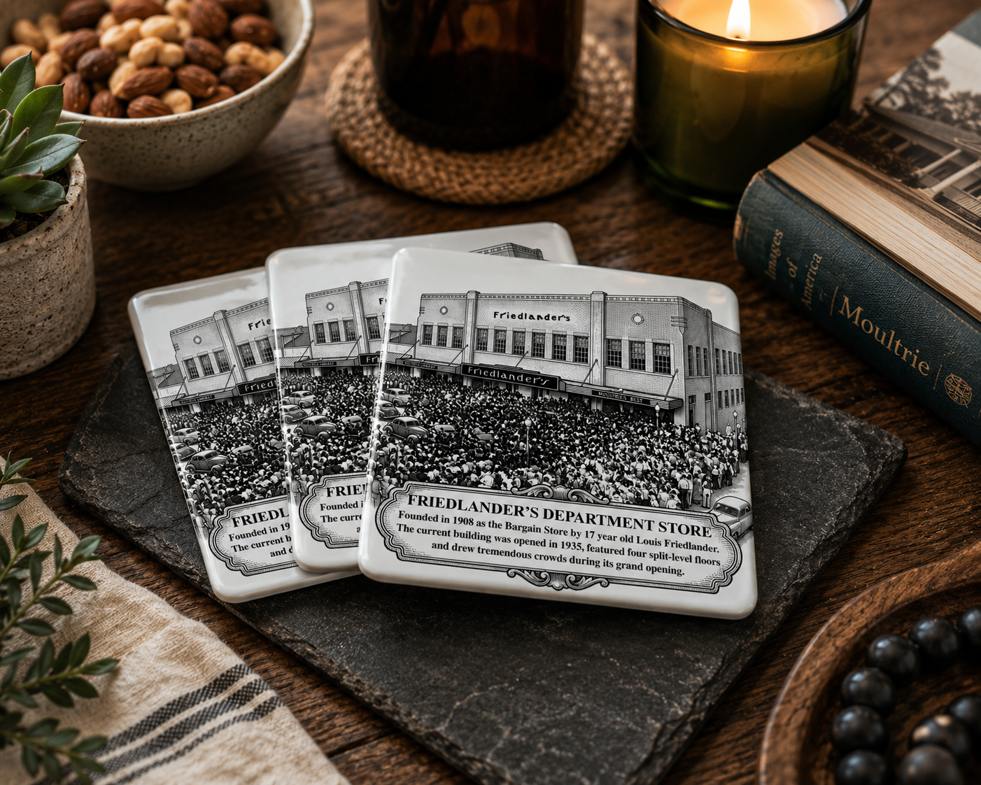 Set of four Friedlander's Department Store commemorative ceramic coasters displayed on a rustic tabletop with books, candles, plants, and decorative accents. Part of the Historic Moultrie Coaster Collection.