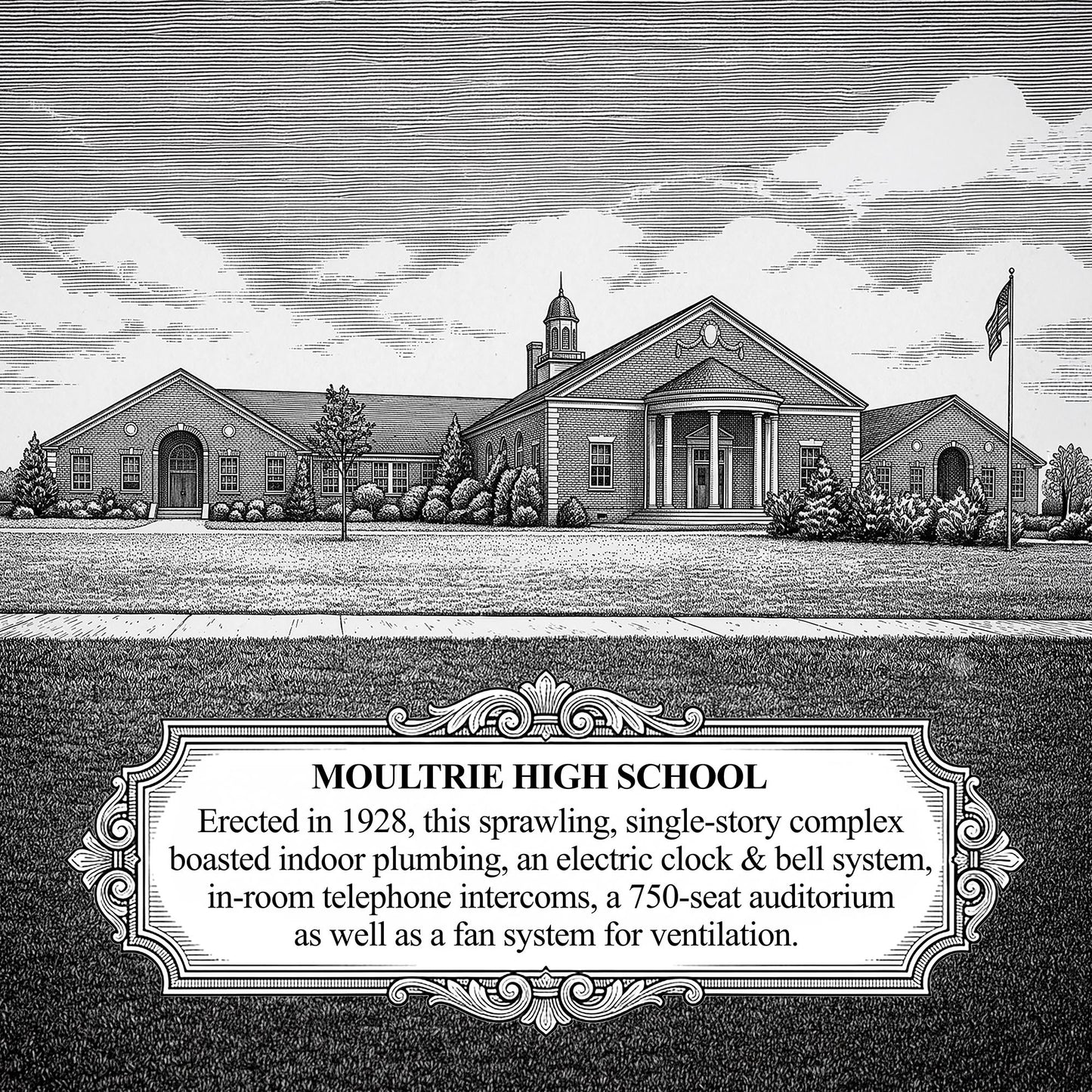 Black-and-white engraved illustration of historic Moultrie High School in Moultrie, Georgia, featuring the original 1928 campus building and a commemorative plaque highlighting its modern amenities, including indoor plumbing, an electric clock and bell system, telephone intercoms, a 750-seat auditorium, and fan ventilation.