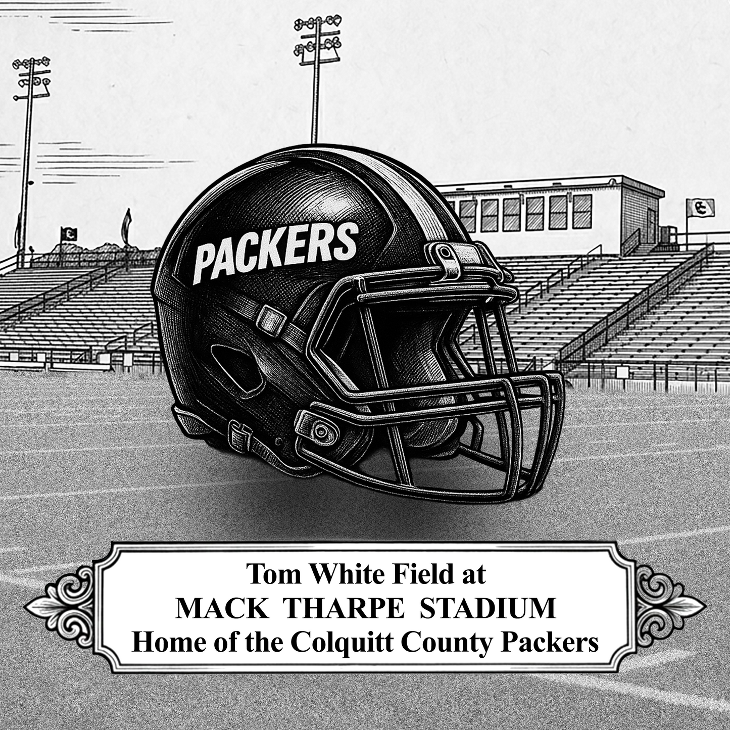 Black-and-white illustration of a Colquitt County Packers football helmet resting on Tom White Field at Mack Tharpe Stadium in Moultrie, Georgia, with stadium bleachers and field lights in the background.