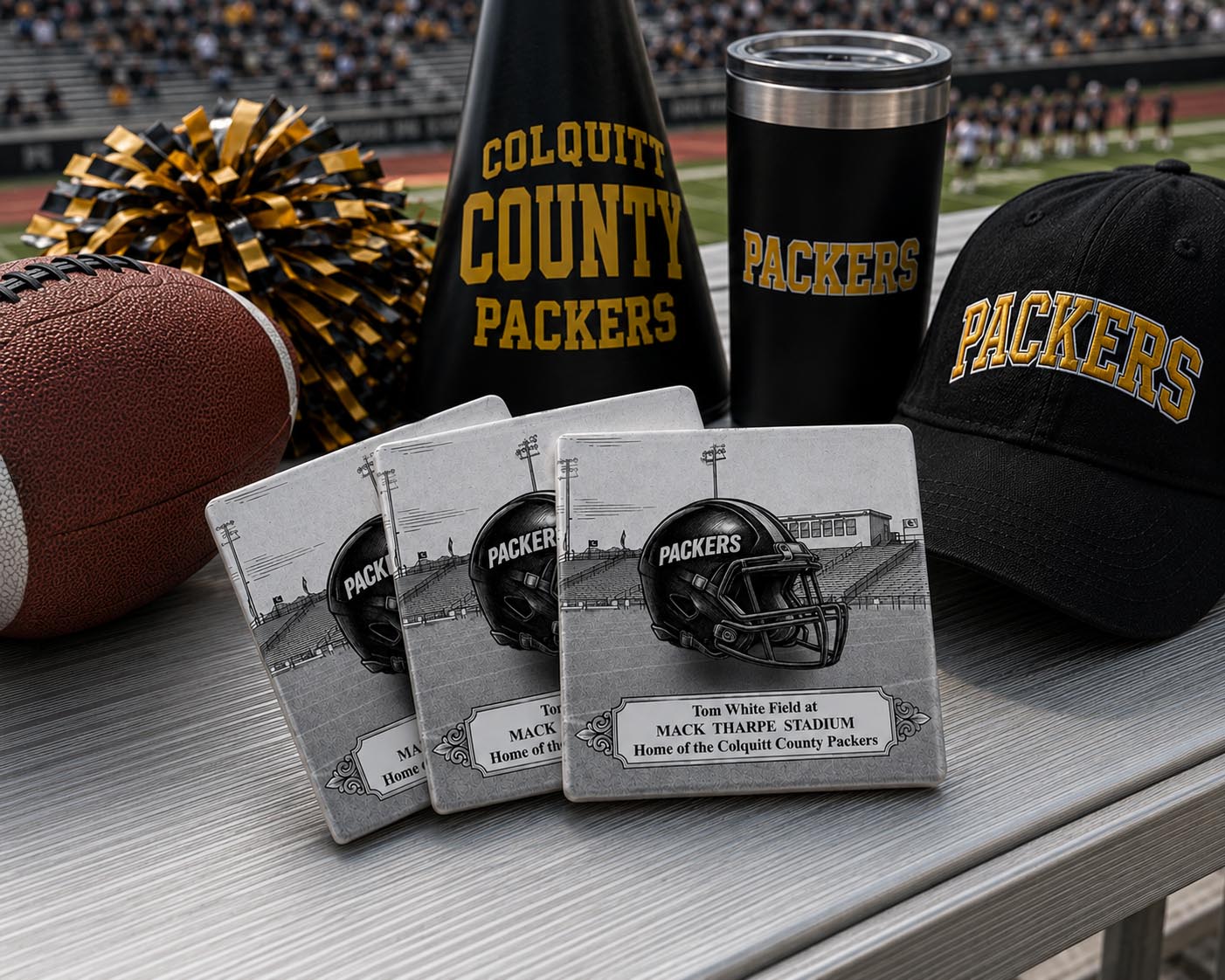 Set of four Mack Tharpe Stadium ceramic coasters displayed on aluminum stadium bleachers alongside Colquitt County Packers fan gear including a football, pom-pom, megaphone, travel tumbler, and baseball cap during a game-day atmosphere.