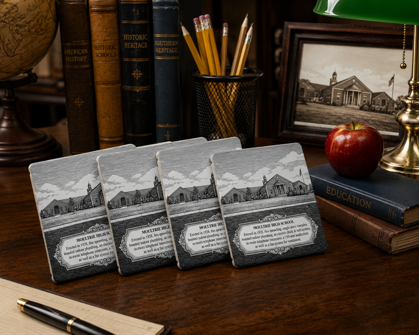 Set of four Moultrie High School ceramic coasters displayed on a vintage wooden desk surrounded by history books, pencils, a globe, desk lamp, framed school photograph, and a red apple, creating a warm academic study atmosphere.