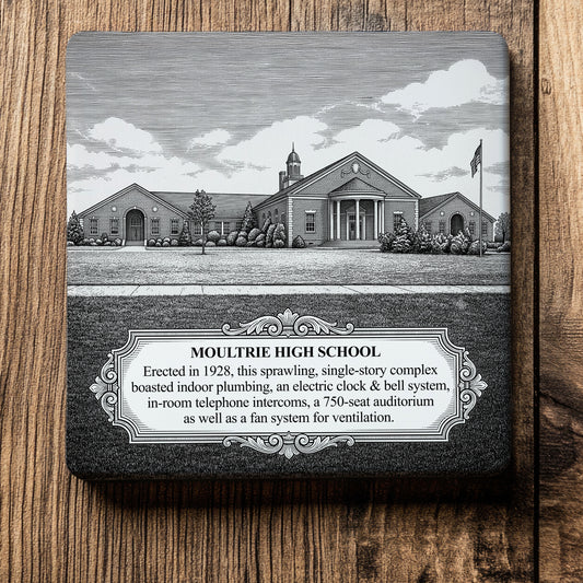 Ceramic drink coaster featuring a detailed black-and-white illustration of historic Moultrie High School in Moultrie, Georgia, with a commemorative plaque describing the school's 1928 construction and notable architectural features.