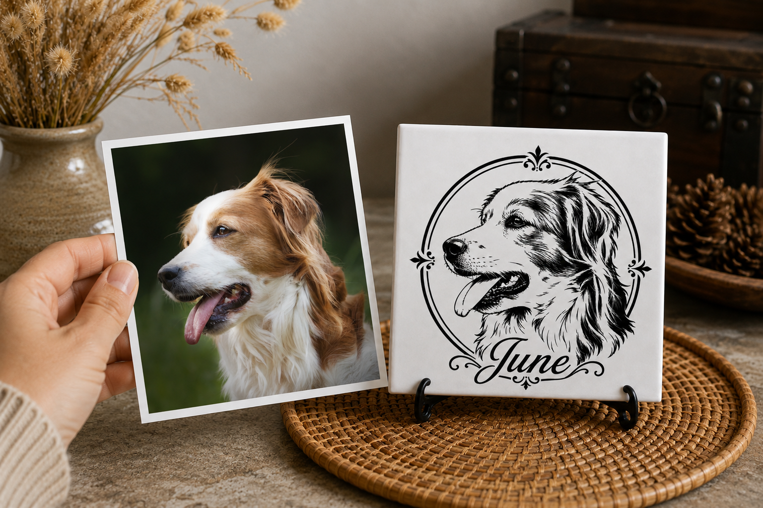 Side-by-side comparison showing a customer's dog photo next to a custom Signature Ceramic Coaster laser engraved from that photo with the pet's name, June, by WoofWerks.