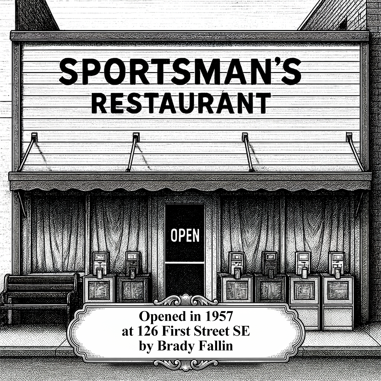 Black and white vintage style engraving of Sportsman's Restaurant in Moultrie, GA. Features the historic storefront facade, bold signage, an "OPEN" door sign, and an ornate historical banner with biographical text, designed for laser engraving.