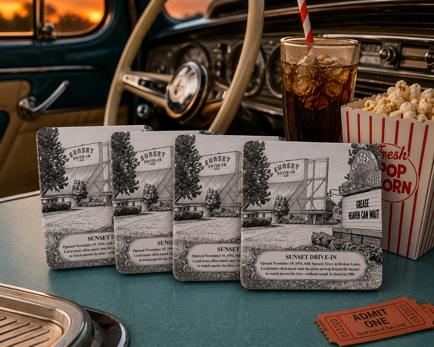 Set of Sunset Drive-In theater cards with a glass of soda and popcorn box in the background.