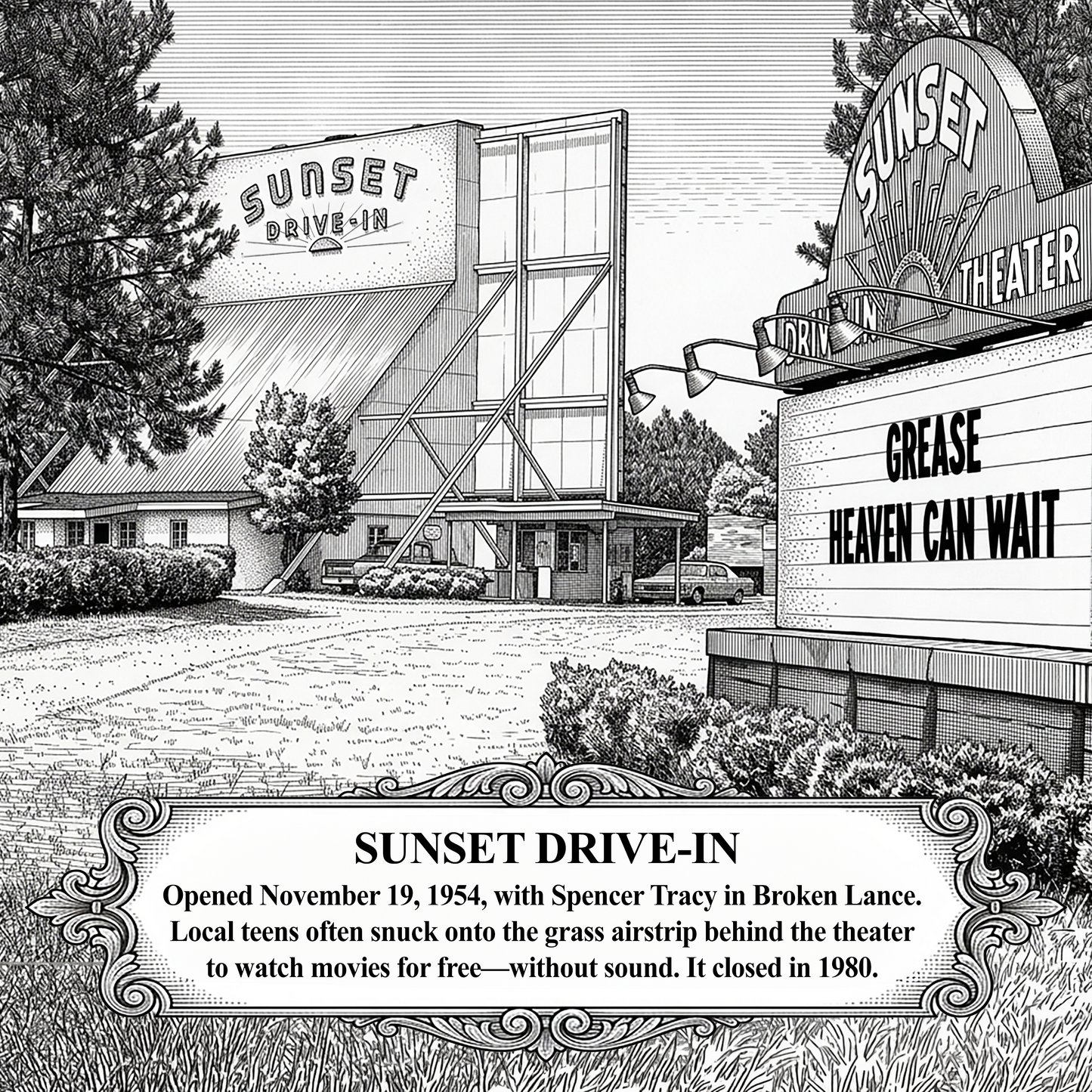 Black and white illustration of a drive-in theater with a marquee and text about the Sunset Drive-In.