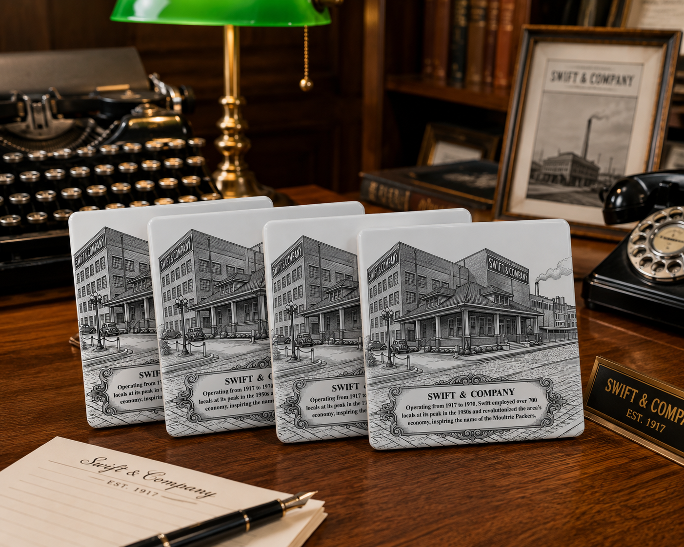 Set of four coasters with vintage building illustrations on a wooden desk with office items.