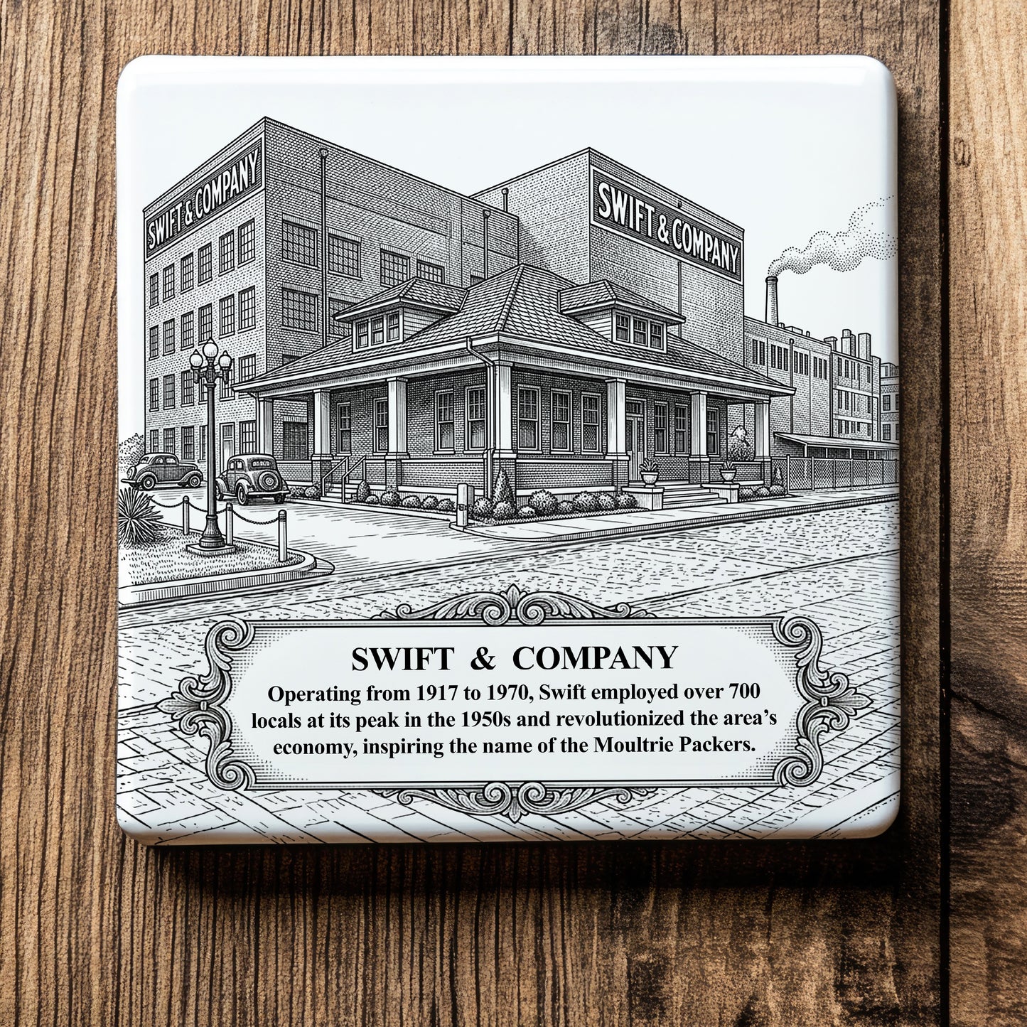 Coaster with black and white illustration of Swift & Company building on a wooden surface