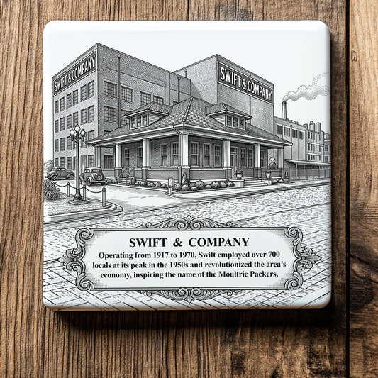 Coaster with black and white illustration of Swift & Company building on a wooden surface