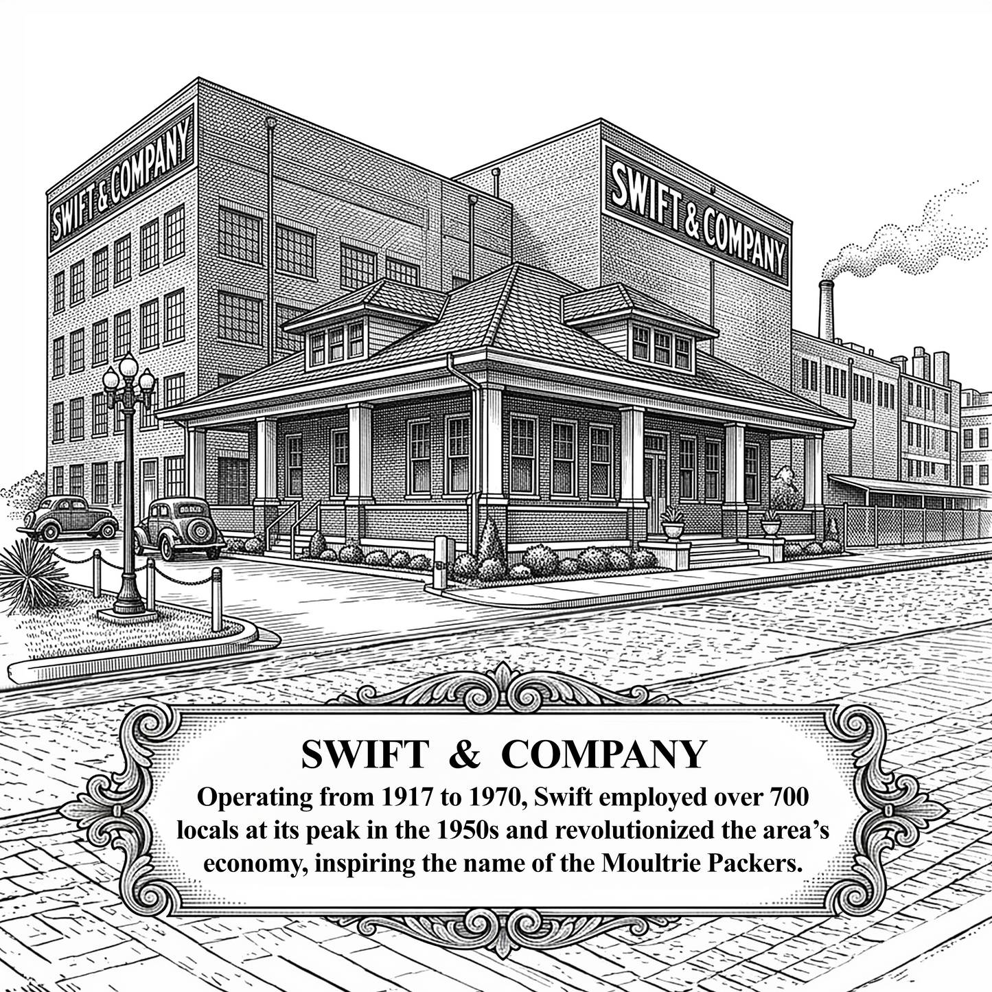 Black and white illustration of a historical building with 'Swift & Company' signage.