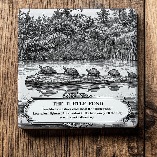 Decorative tile with black and white illustration of turtles on a log over a pond, set against a wooden background.