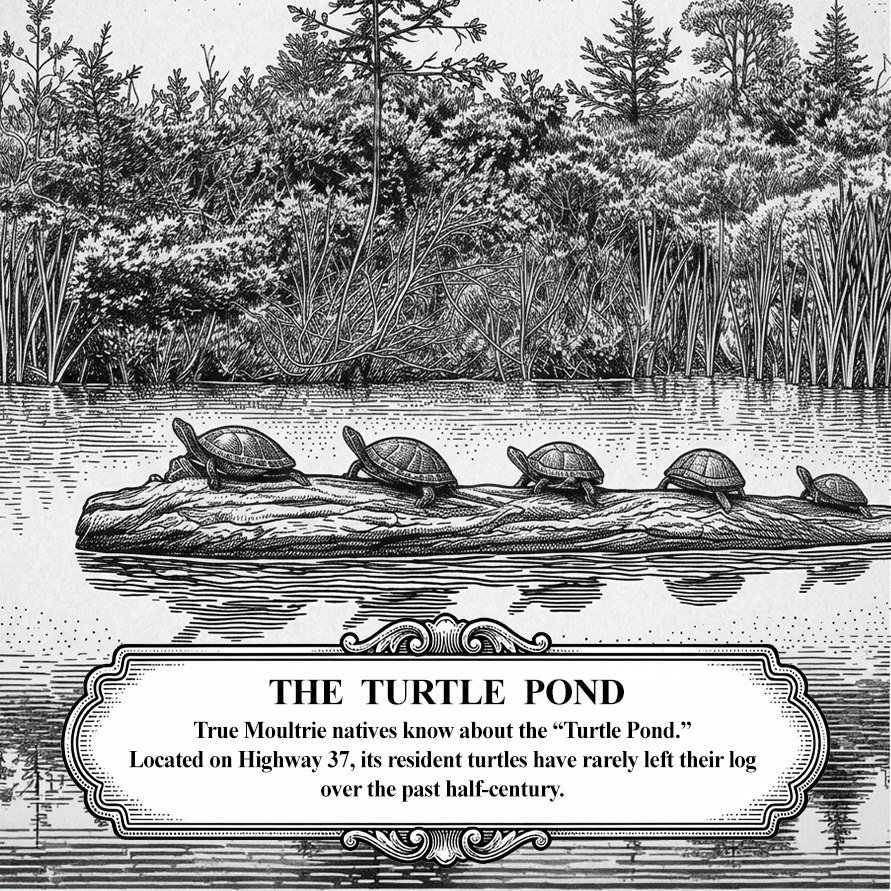 Black and white illustration of turtles on a log in a pond with trees in the background.
