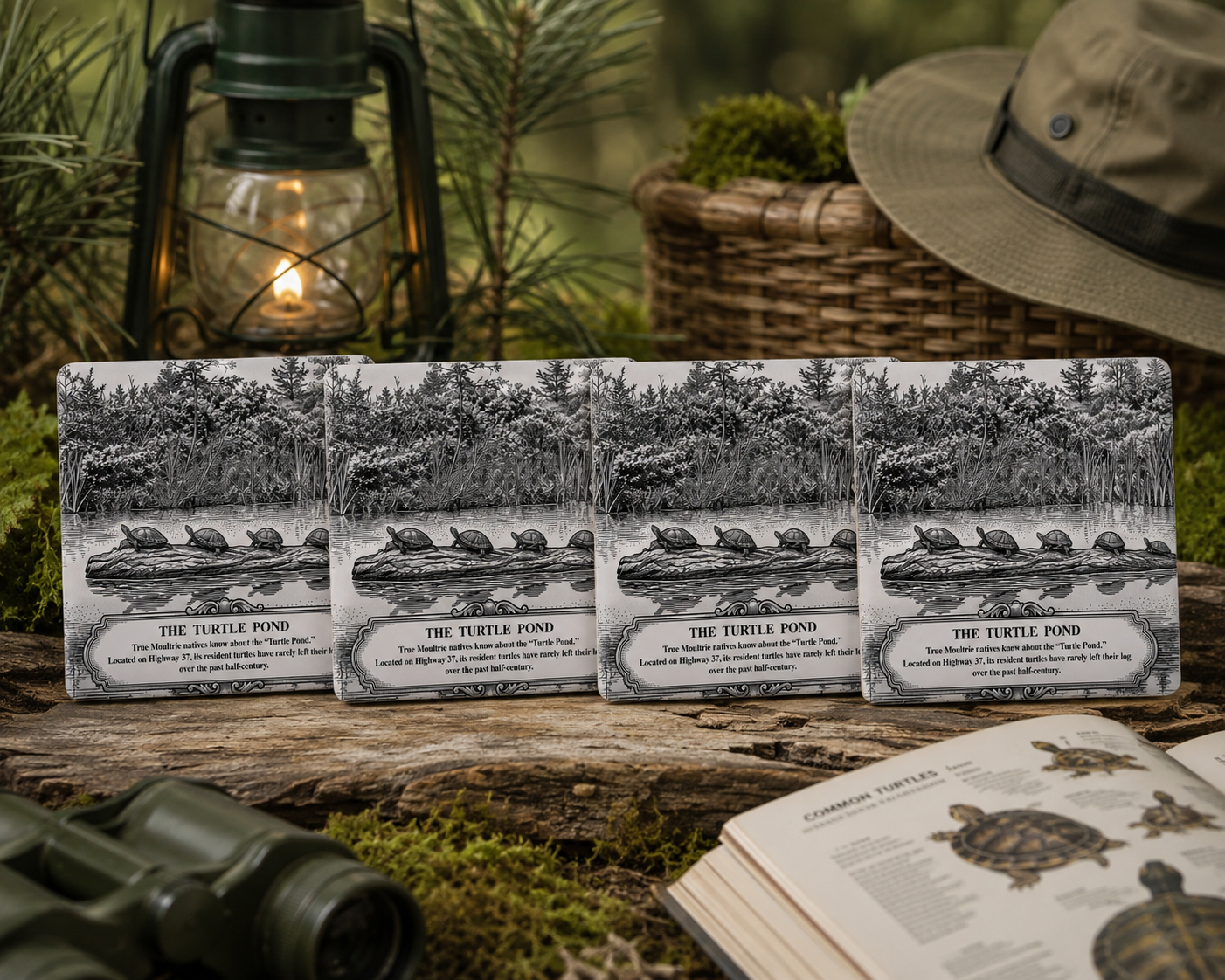 Set of coasters featuring illustrations of turtles with descriptive text, placed on a wooden surface with a lantern and hat in the background.