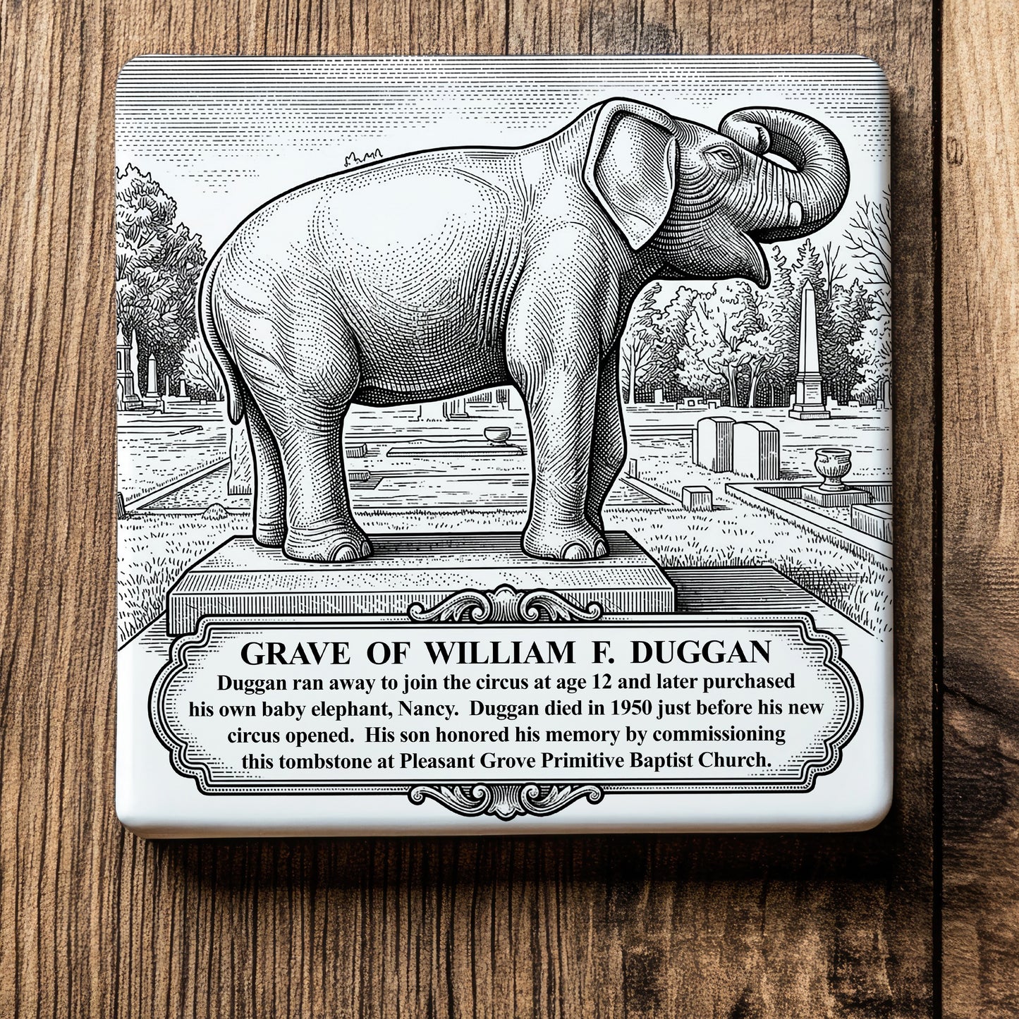 White ceramic coaster with a vintage pen-and-ink engraving of the William F. Duggan elephant monument in Moultrie, Georgia. Features the detailed elephant statue and historical story banner, displayed flat on a rustic wood background.