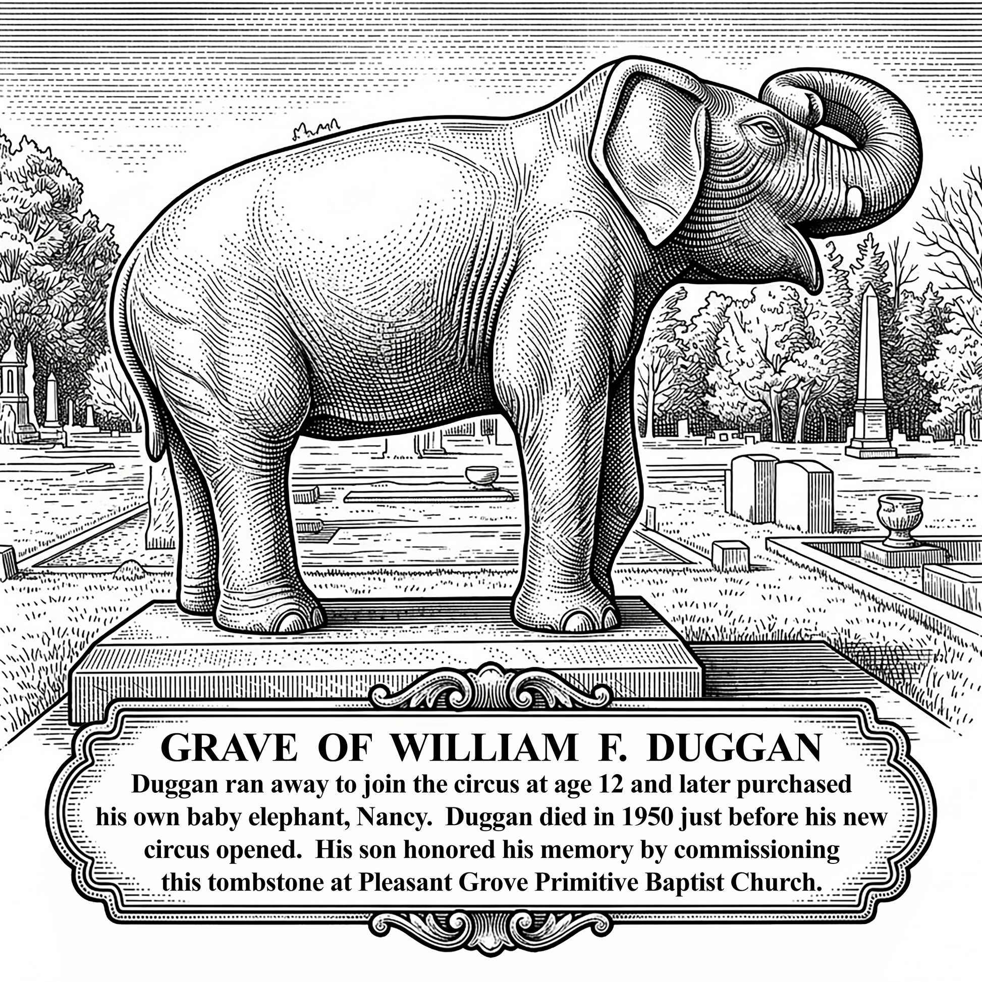 Black and white vintage style engraving of the William F. Duggan elephant monument in Moultrie, GA. Features a detailed elephant statue on a pedestal and an ornate historical banner with biographical text, designed for laser engraving.